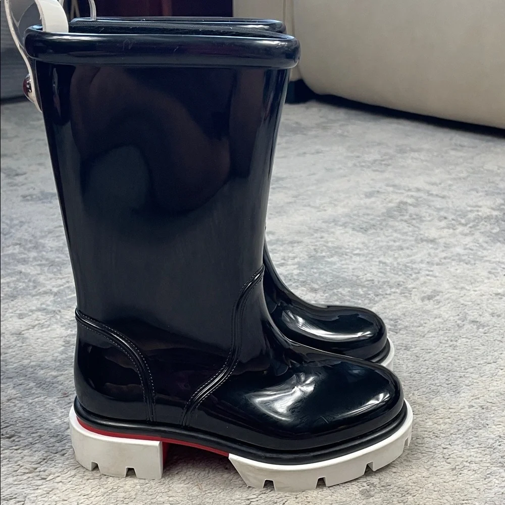 New Christian Louboutin Kids Toy Pluie Black Glossy Rubber Rain Boots Sz 28